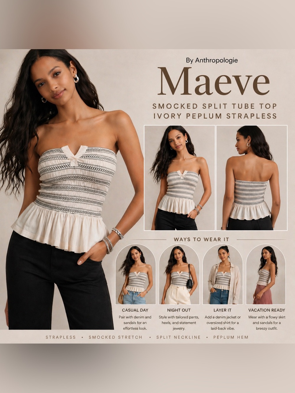 Maeve Anthropologie Smocked Split Tube Top Ivory Peplum Strapless Medium NWT